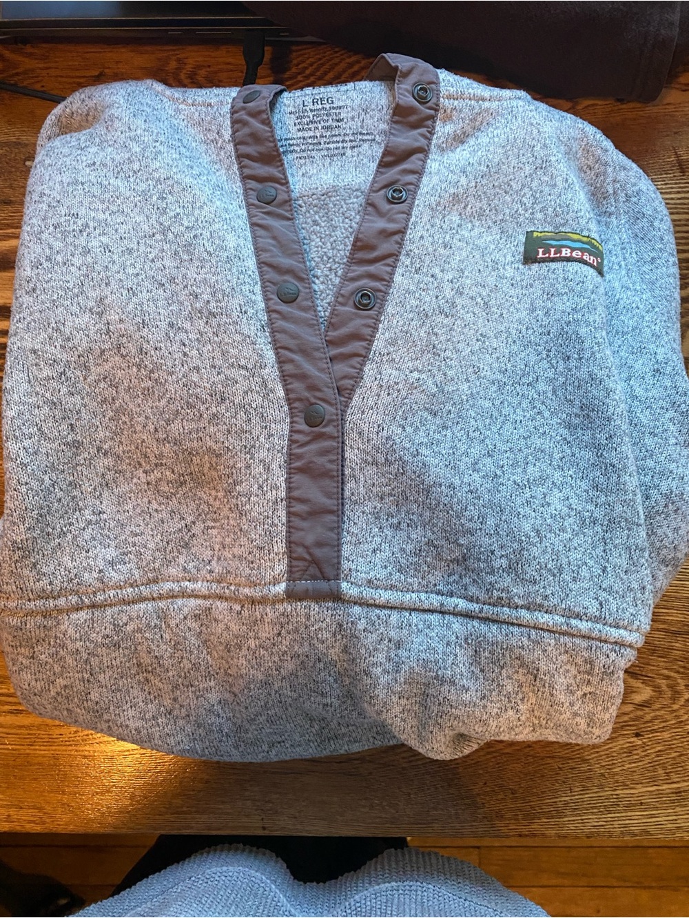 L.L. Bean Woman’s Heather Gray Pullover Sweater with Brown Snap Placket